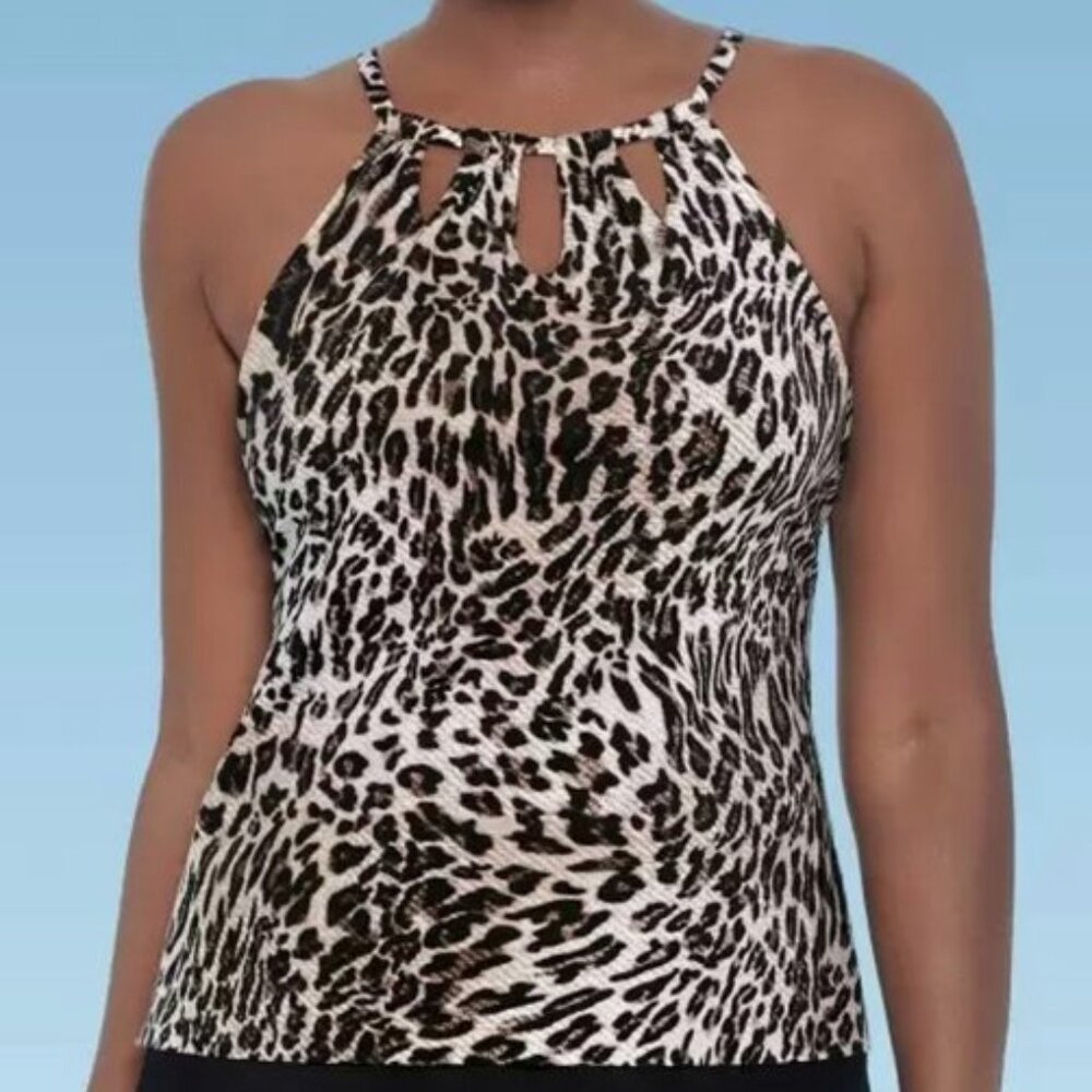 Dreamsuit Leopard Animal Print Slimming Keyhole High Neck TANKINI TOP Sz 8